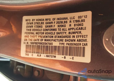 2012 Honda Civic Ex z USA, uszkodzony, nr VIN 19XFB2F89CE047665